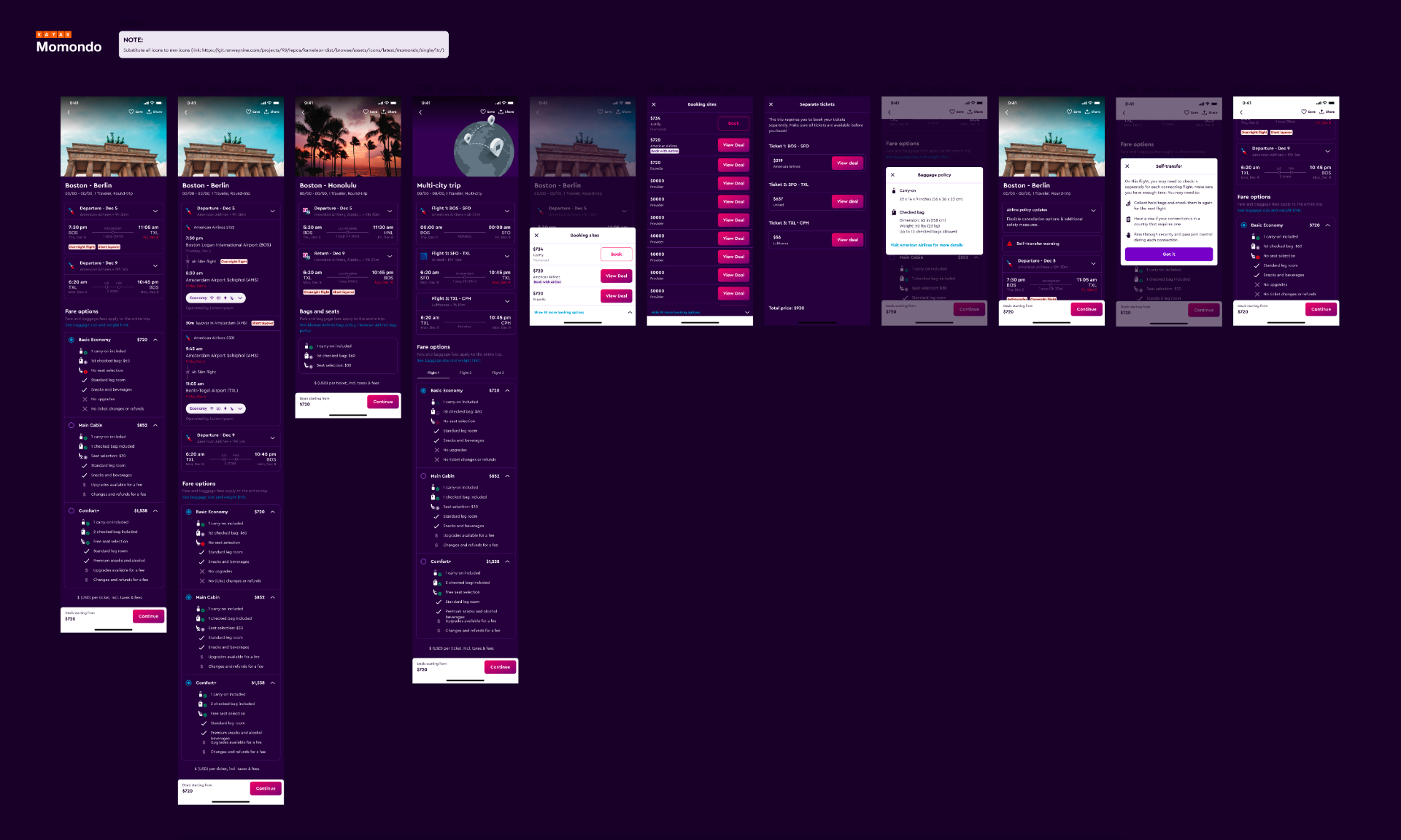 Momondo themed flight detail page across many states