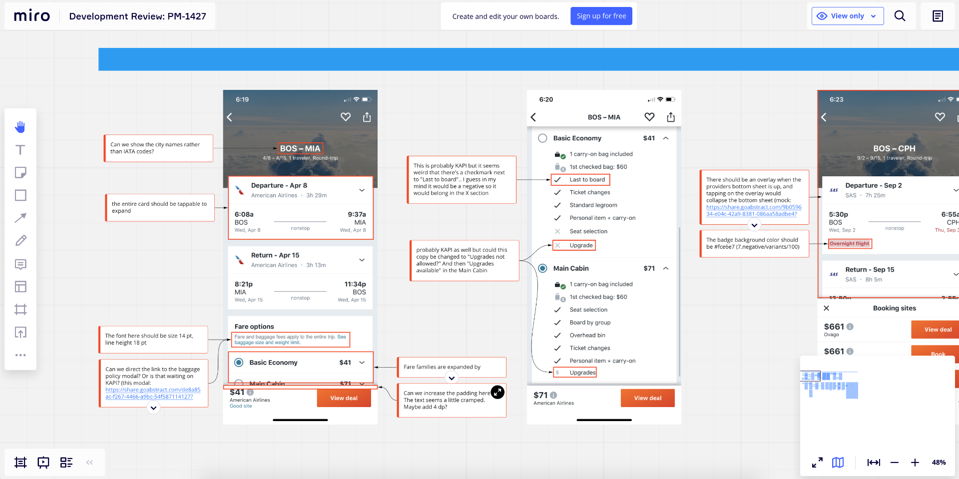 Miro board with annotated screenshots of the development build during QA review