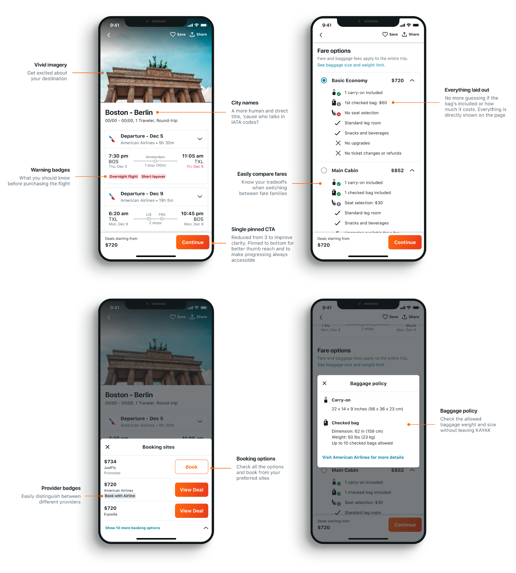 Annotated final flight detail page design across multiple states