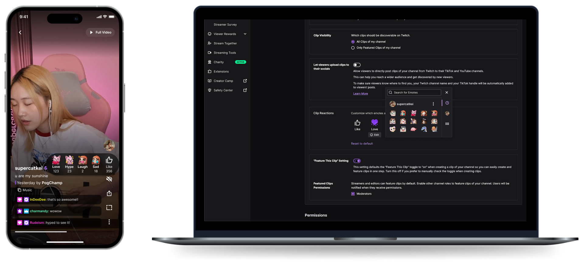 Mobile clip with custom creator emotes alongside the desktop Creator Dashboard customization UI