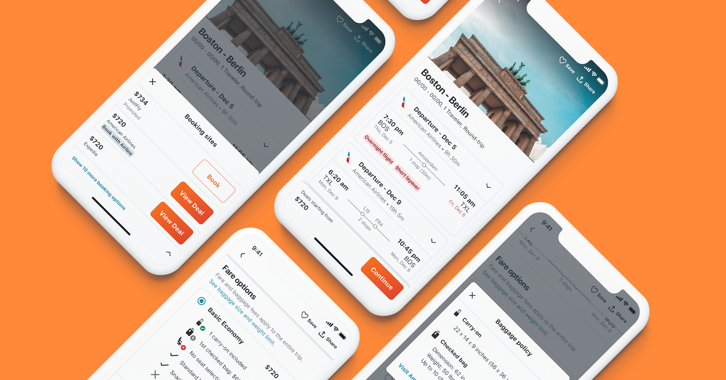 KAYAK flight detail page mockups on iPhones over an orange background