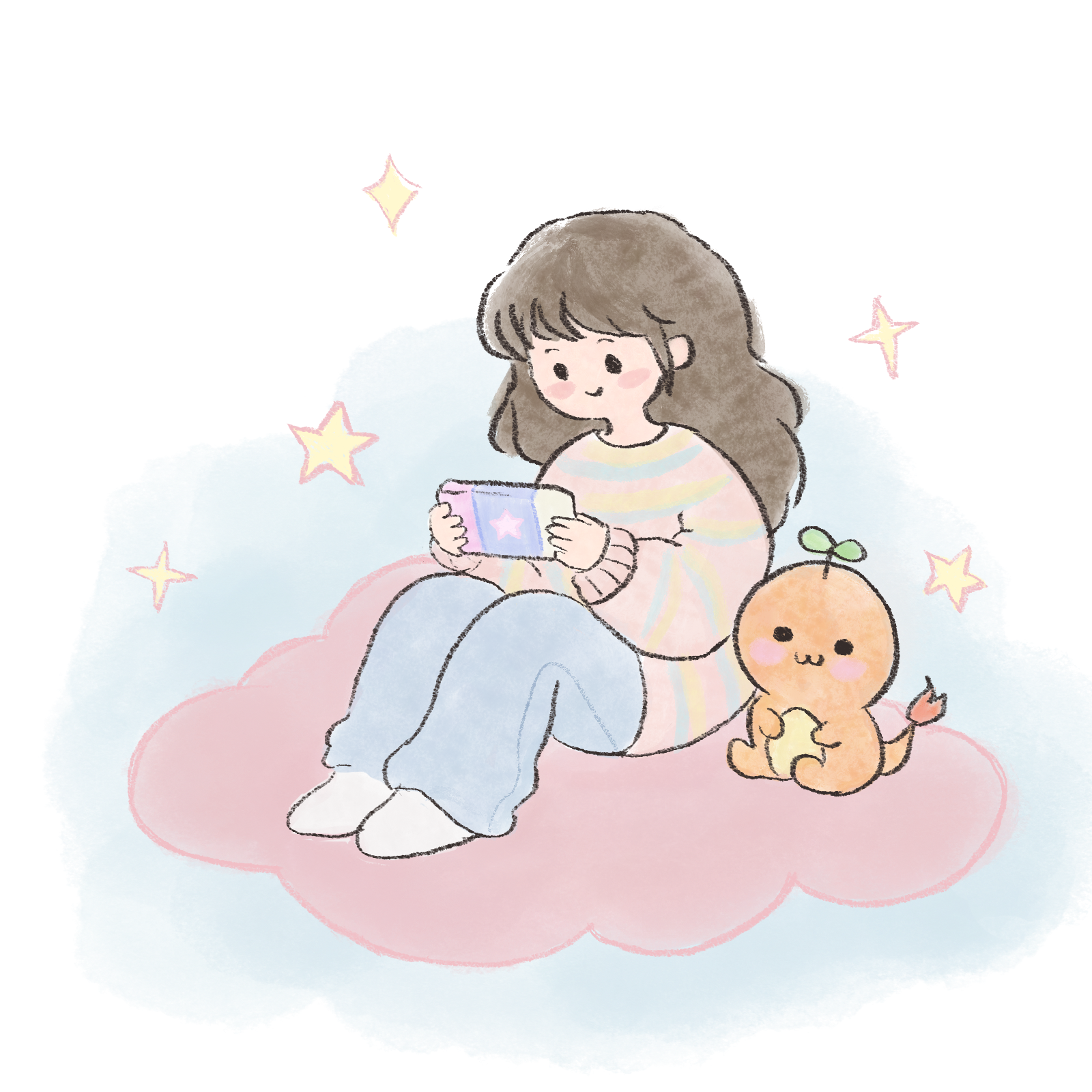 Soft pastel illustration of Mandy on a pink cloud with a Charmander, holding a handheld game console