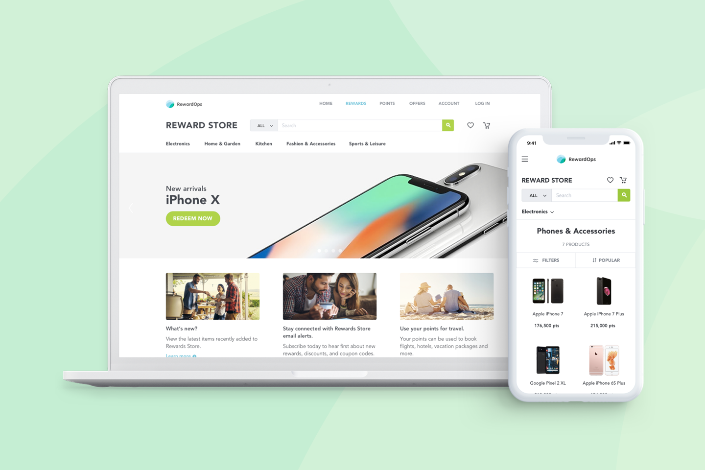 RewardOps Reward Store storefront shown on a laptop and phone
