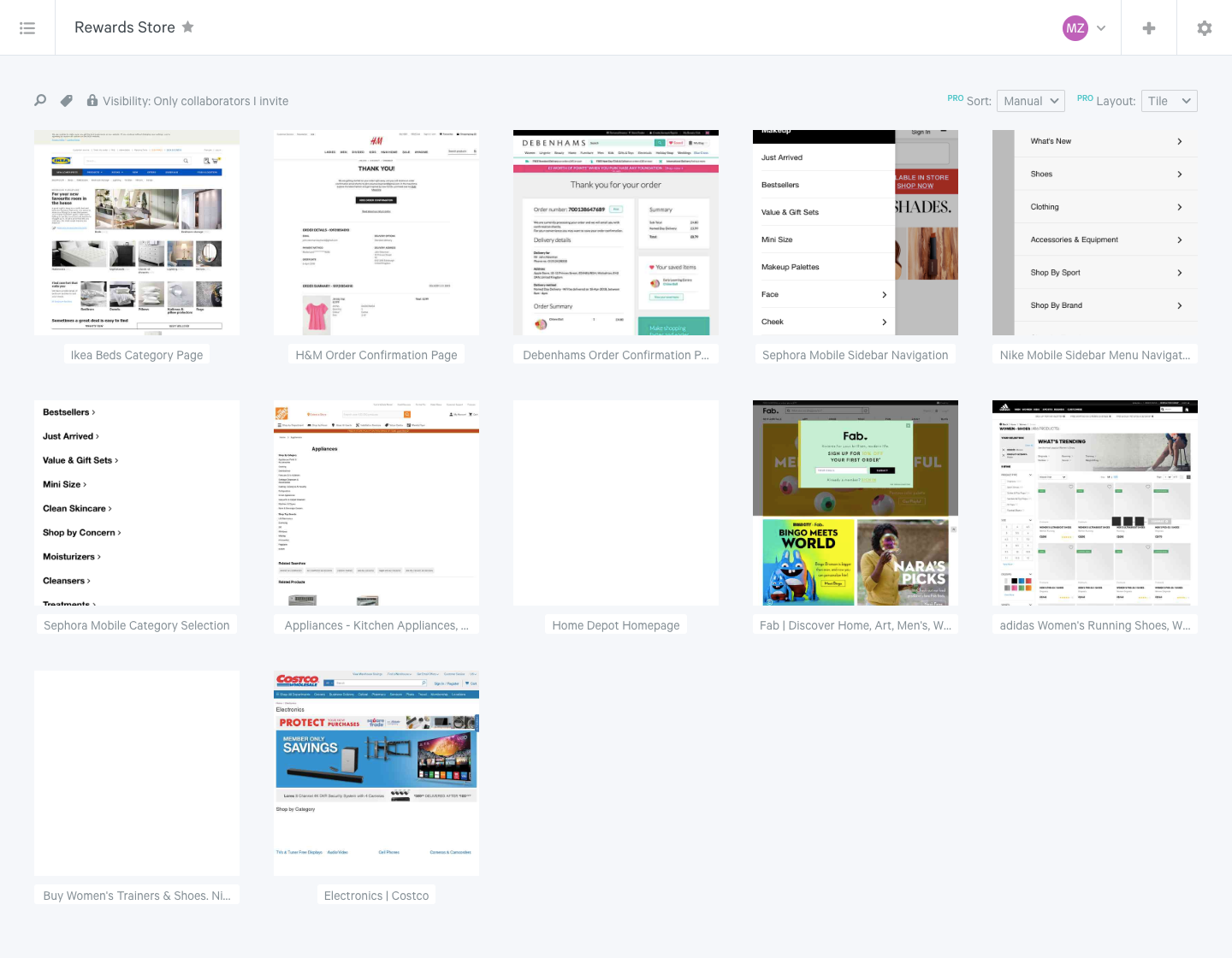 Inspiration board of ecommerce UX screenshots from Best Buy, Amazon, Sephora, and Aritzia