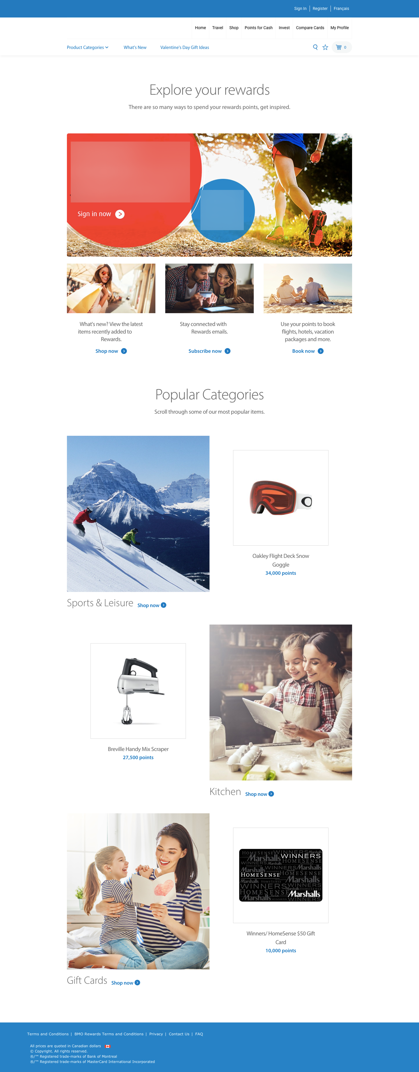 The previous reward store UI, with distracting banners and product categories hidden in the nav