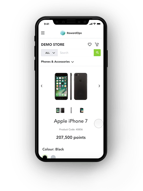 Animated walkthrough of the responsive mobile reward store, from browsing to checkout